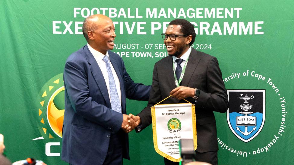 CAF president (left), Dr Patrice Motsepe, with UCT VC Prof Mosa Moshabela